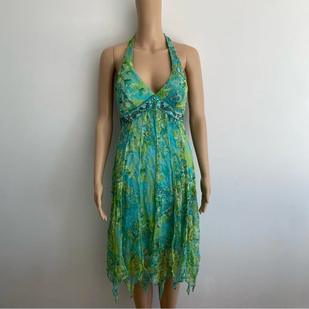 [SOLD] Vintage Sue Wong 100% Silk Green Halter Handkerchief Dress Beaded Size M - Picture 3 of 8